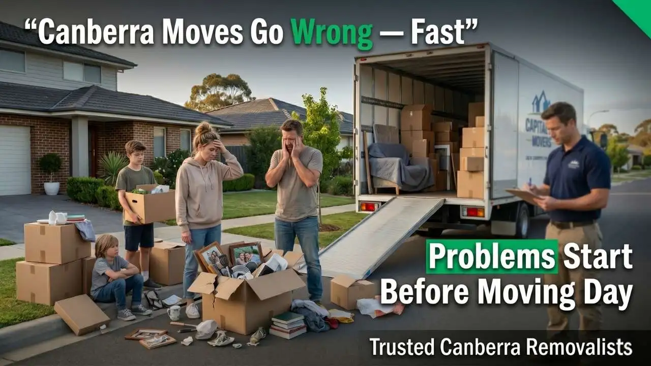 Family stressed during house move in Canberra with broken packing boxes and removal truck showing common relocation problems.